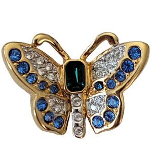 Swarovski Swan Logo Gold Tone Blue Green Clear Crystal Butterfly Brooch Pin L41